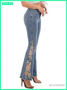 Floral Embroidered Flare Jeans High Rise Stretch Denim Raw Hem
